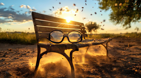 Sunset light pouring onto a dusty bench with safety goggles center frameの素材