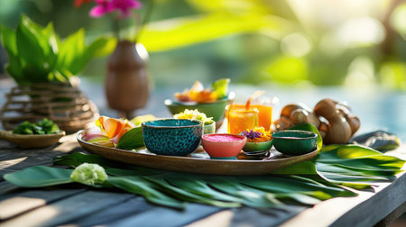 A delightful Thai dessert platter featuring colorful layers, tropical leaves, and an inviting table settingの素材