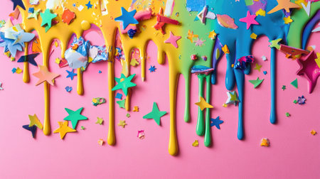 Surreal composition of dripping liquid in vibrant hues with scattered paper stars and light reflectionsの素材