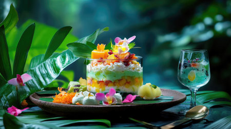 A delightful Thai dessert platter featuring colorful layers, tropical leaves, and an inviting table settingの素材