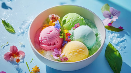 A beautiful mix of colorful mochi ice creams with delicate flowers and leaves in a minimal bowlの素材