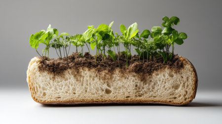 Artistic rendering of forest growing in bread slice on white background, eco-themed food artの素材