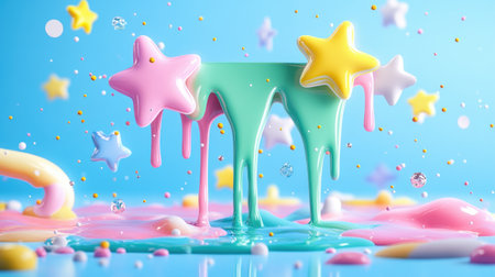 Glossy melting pastel liquid pooling with paper stars suspended midair on bold neon backgroundの素材