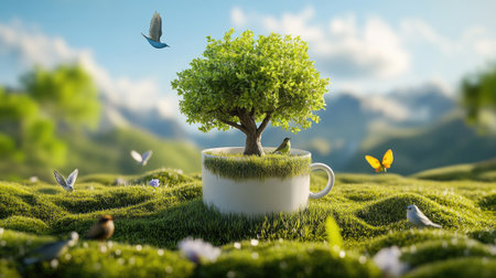 Whimsical scene of tree in mug with birds and grass around, peaceful natural settingの素材