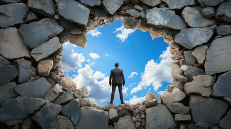 Businessman facing light through broken rock wall, blue sky beyond, opportunity through obstaclesの素材