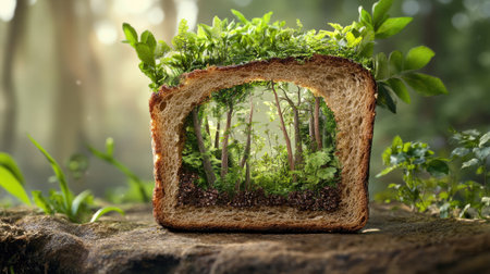 Cross-section of toasted bread with a dense woodland scene growing inside, fantasy meets foodの素材