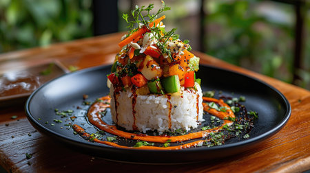 Delicious vegan rice dish topped with bell peppers, carrots, and fiery sauce swirlの素材