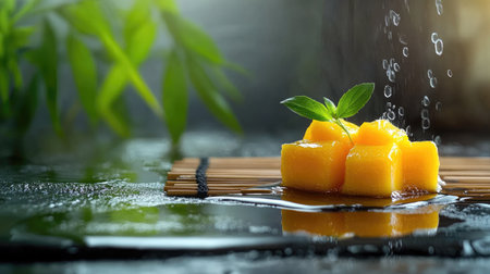 Close-up of mango fusion sushi with soy sauce ripples and bamboo mat in backgroundの素材