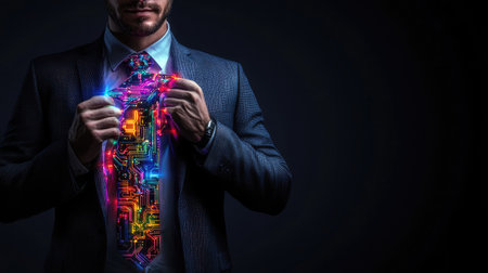 Businessman in a sharp suit with glowing neon circuit tie, set against a futuristic digital backgroundの素材
