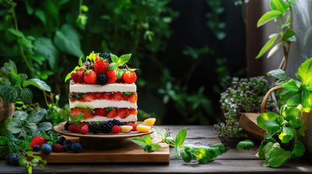 Aesthetic food photo with layered sweets and herbs on wooden backgroundの素材