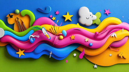 Bright abstract art scene with flowing liquid in rainbow tones, decorated with hand-cut starsの素材