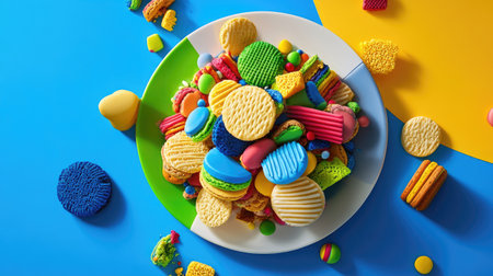 Colorful cookies and crispy wafers on a dish, bright and inviting with playful presentationの素材