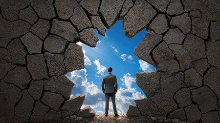 Businessman facing light through broken rock wall, blue sky beyond, opportunity through obstaclesの素材
