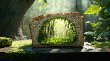 Bread slice sits on table revealing an enchanted forest within, fantasy environment fusionの素材
