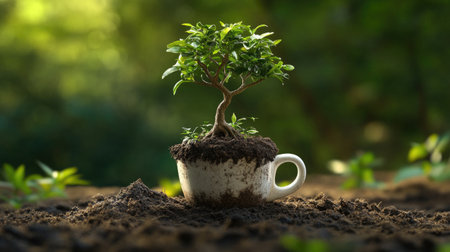 Eco-themed photo of tree emerging from coffee cup, nature reclaiming everyday objectsの素材