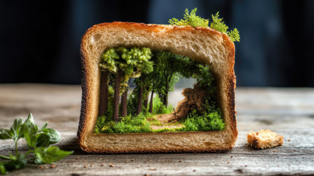 Cross-section of toasted bread with a dense woodland scene growing inside, fantasy meets foodの素材