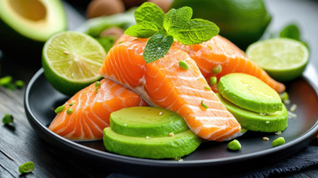 Gourmet dish of raw salmon, creamy avocado and lime, artfully plated for elegant presentationの素材