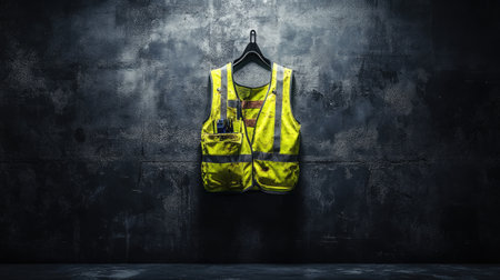 Construction vest with glowing reflective lines against dark industrial backdropの素材