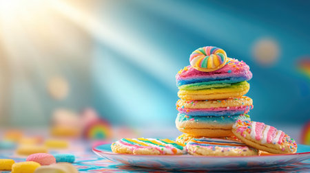 Delicious rainbow cookies and striped wafers, stacked on a patterned plate with bright lightingの素材