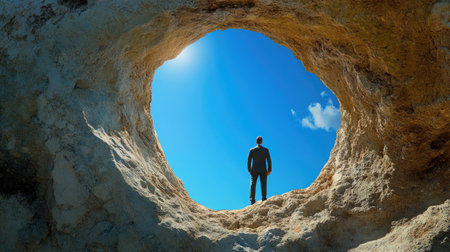 Businessman peering through natural hole in rock formation at clear blue sky, symbolizing opportunityの素材