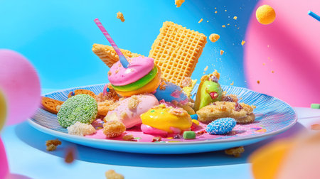 Colorful cookies and crispy wafers on a dish, bright and inviting with playful presentationの素材