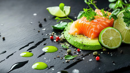 Delicious fresh salmon and avocado plated with lime juice drizzle and garnish on black slateの素材
