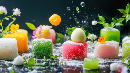 Close-up of a playful spread of mochi sweets, bursting with color and garnished with greeneryの素材
