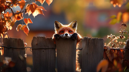 A curious fox rests on a fence rail, eyes sharp, tail curled, plotting a sneaky adventureの素材
