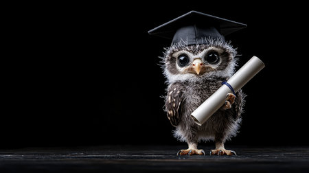 Close-up of a baby owl wearing a graduation cap, standing proud with a diploma scrollの素材