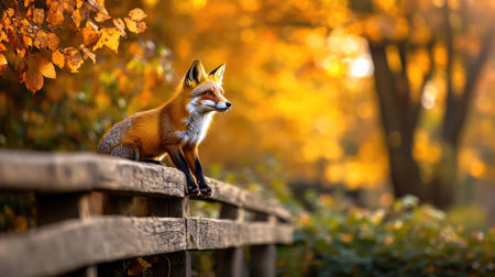 Clever fox perched on a wooden fence, glancing slyly over its shoulder with autumn trees behindの素材