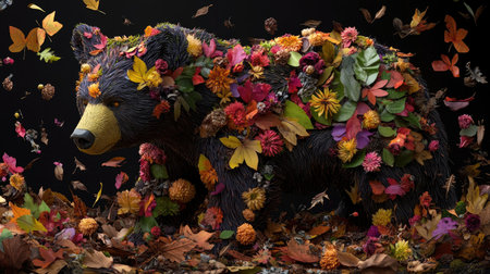 Autumn-toned leaves and blossoms come together to create a majestic bear figure in art styleの素材