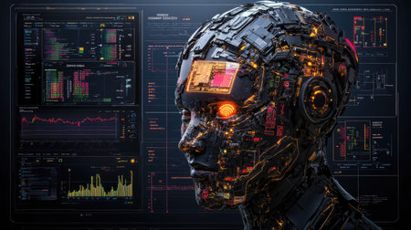 AI complaint processing system with dynamic interface, glowing charts and facial data profiles behindの素材