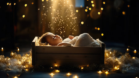 Close-up of Jesus child in wooden manger illuminated by starlight on silent Christmas nightの素材