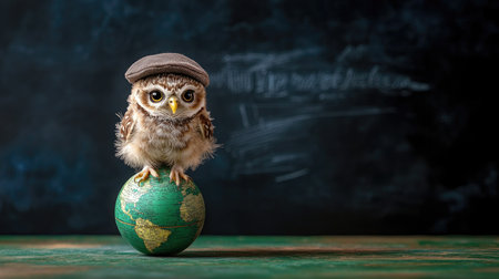 Baby owl in a cap perched on a globe with chalkboard background, symbolizing world educationの素材