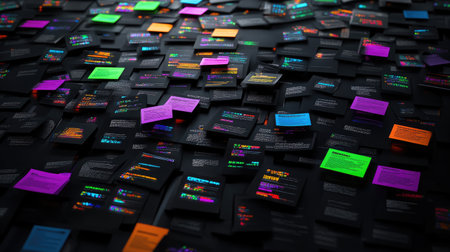 Abstract visual of AI complaint tracking interface with layered user feedback documents and futuristic gridsの素材