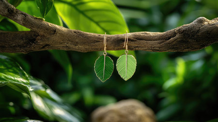 Close-up of polymer clay earrings shaped like leaves, displayed on a textured branch among softly blurred foliageの素材
