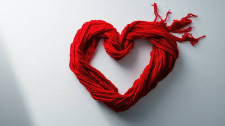 A bright red scarf twisted into a heart shape on a white background, symbolizing warmth and loveの素材