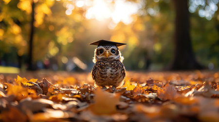 Baby owl in graduation gear among fall leaves, representing learning and the passing seasonsの素材