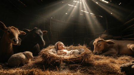 Baby Jesus in rustic cradle surrounded by animals and parents in quiet nativity sceneの素材