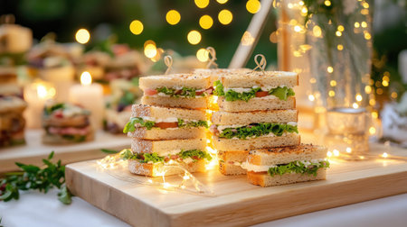 Light festive catering setup with mini sandwiches, warm soft light enhancing the celebratory feelの素材