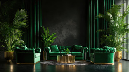 Cozy and rich interior scene with emerald green velvet furniture and opulent curtain pairingの素材