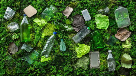 Plastic-free message illustrated with forest picnic waste covering lush green mossの素材