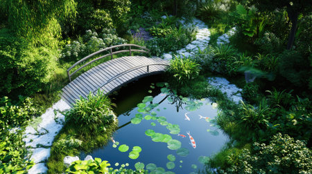 Delicate bridge spanning a reflective pond with carp, nestled among garden pathwaysの素材