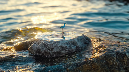 Seaside miniature on jagged rock, with soft sunlight and ocean hues creating a tranquil coastal sceneの素材
