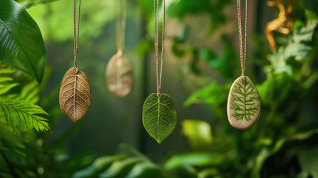 Organic-inspired polymer clay jewelry with leaf imprints hanging against lush green and brown foliageの素材