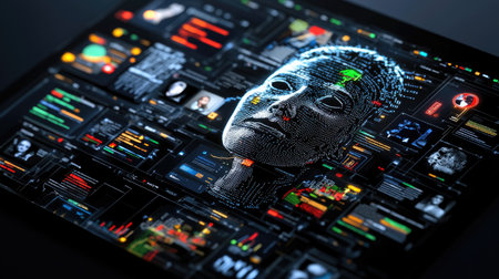 AI complaint processing system with dynamic interface, glowing charts and facial data profiles behindの素材