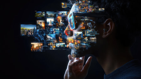 Digital concept showing AI analyzing user feedback, networked profiles and real-time data overlaysの素材