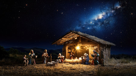 Christmas celebration with nativity characters in wooden stable under star-lit skyの素材