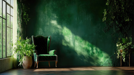 Sophisticated seating scene with luxurious green velvet textures, ornate detailing, and muted backdropの素材