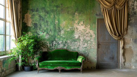 Ornate green velvet couch angled left, complemented by soft matching curtains and an elegant wall finishの素材